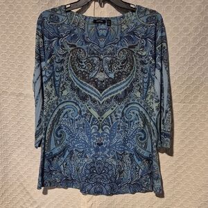 Apt. 9 Women's 1X Long Sleeve Top with Blue Paisley Bohemian Pattern